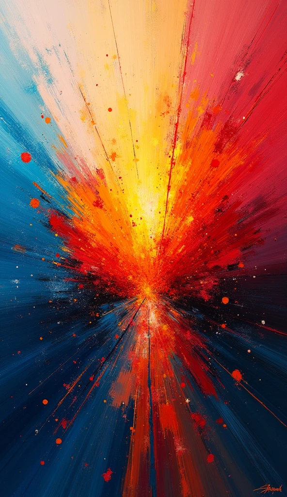 A vibrant abstract expressionist artwork featuring dynamic, bold strokes and splashes of bright colors like red, blue, orange, and yellow. The painting should have a sense of explosive energy and movement, with the colors radiating outward from a central point, creating a burst of vibrant hues. The composition should evoke a feeling of controlled chaos, with the interplay of colors and forms capturing the spontaneity and emotion characteristic of action painting.