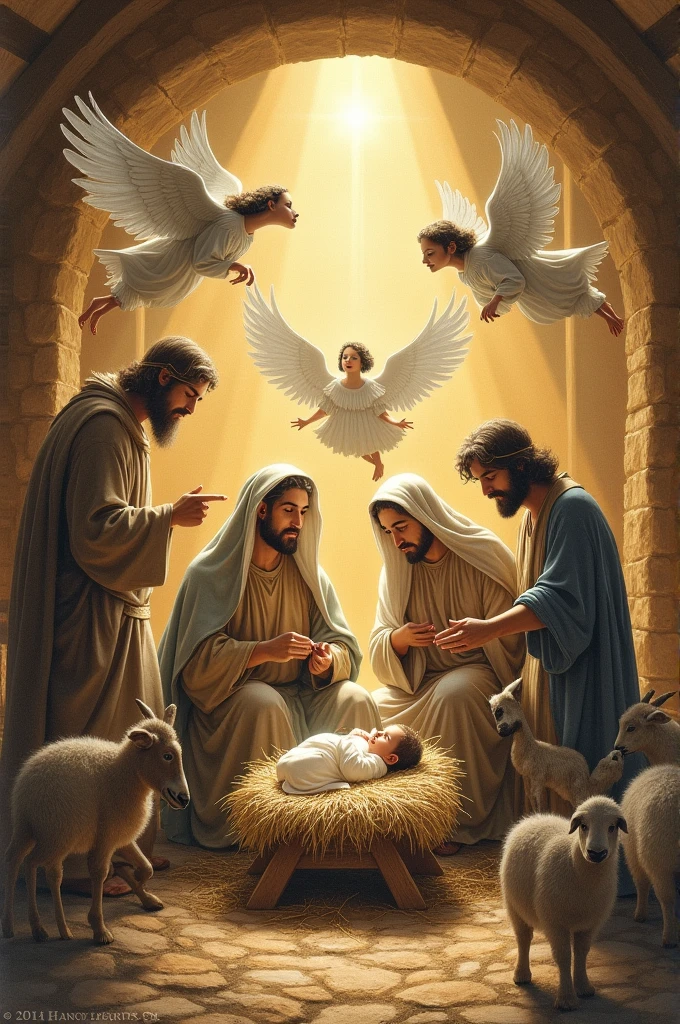 A drawing of the birth of Jesus containing the angels, the sheep and the donkey