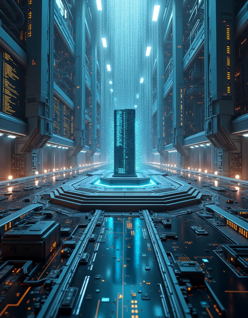 Graphical representation of a central computer interconnected with a network of supercomputers, Self-driving cars, war weapons and futuristic super tanks