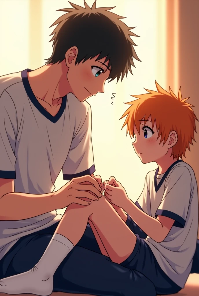 A side view of Kageyama from Haikyuu standing, with Shoyo Hinata's feet held up in the air. Kageyama is gently lifting Hinata's ankles, holding them above his lap. Hinata is wearing his Karasuno High School volleyball uniform and white socks that reach his ankles. His eyes, a deep, hypnotic violet, like amethysts, suggest he is under a trance. His gaze is distant and unfocused, as if unaware of Kageyama's presence. His signature orange hair is slightly tousled. Kageyama, slightly older, gazes down at Hinata's feet with a knowing smile, as if sharing a secret. The scene is bathed in soft, warm light, creating a peaceful and intimate atmosphere. The artwork should be in the style of the Haikyuu anime, with vibrant colors, dynamic lines, and expressive characters.