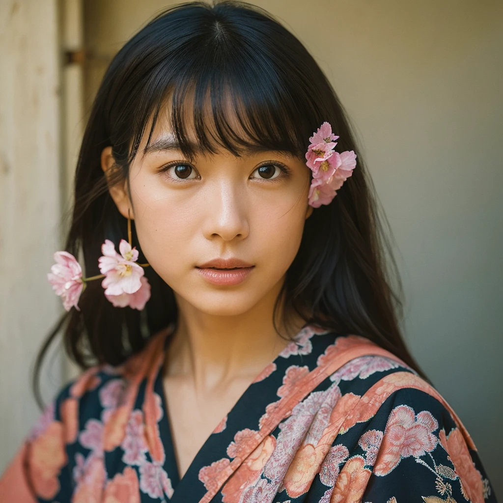 A hyper-realistic image of a single Japanese woman in her early 20s, captured from the shoulders up with the nostalgic warmth and subtle graininess of a film camera. The composition is focused on her shoulders and above, emphasizing her facial features and the upper part of her traditional yukata, which has a vibrant, cute design featuring bold and colorful floral patterns such as cherry blossoms and peonies in shades of pink, red, and lavender, set against a soft pastel background. The obi is elegantly tied with a complementary color, adding a playful touch. The fabric of the yukata appears naturally lightweight with visible folds and textures that enhance its realism, gracefully draped over her shoulders. Her skin has a warm beige tone with a distinctly natural, rough texture, showcasing visible pores, fine lines, and small blemishes. The texture includes slight unevenness, embracing imperfections to emphasize a lifelike and realistic appearance, deliberately avoiding an overly smooth look. The lighting is soft and muted, resembling the gentle, diffused natural light of an overcast day or early evening, casting subtle shadows that add depth and highlight the realistic texture of her skin. Her straight, glossy black hair frames her face naturally, slightly tousled, enhancing her authentic look. Her deep brown eyes subtly reflect the ambient light, adding depth and a sense of realism. The film camera effect introduces a noticeable grain and a soft focus, providing a warm, nostalgic atmosphere while maintaining the rough, lifelike quality of her skin. The composition is centered solely on her, capturing her serene and understated elegance, with an emphasis on the detailed textures of the yukata and the authentic, coarse texture of her skin.