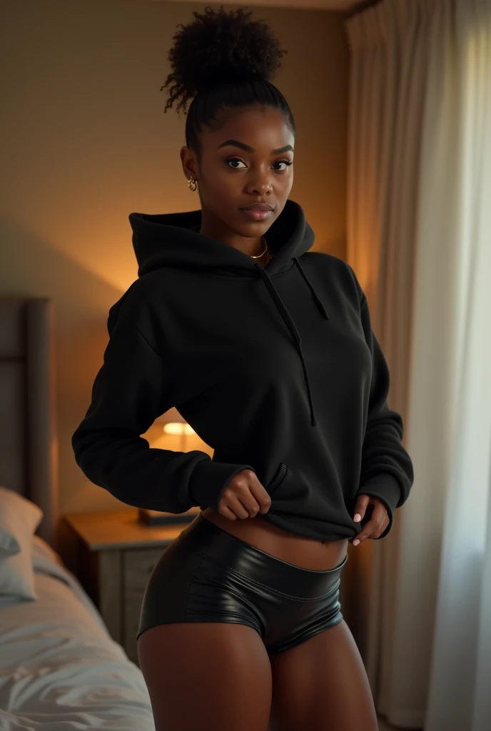 black woman hair in a bun black hoodie bending over pulling up her black leather short shorts up her legs. in her bedroom putting on her clothes