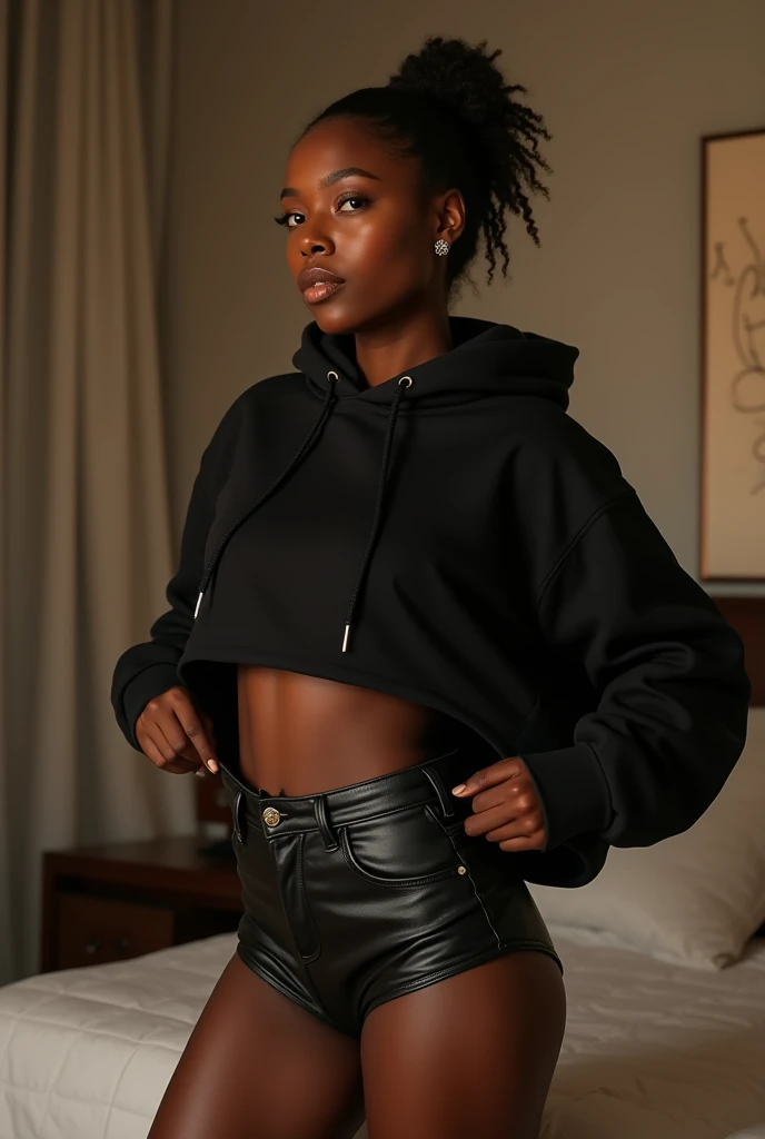 black woman hair in a bun black hoodie bending over pulling up her black leather short shorts up her legs. in her bedroom putting on her clothes