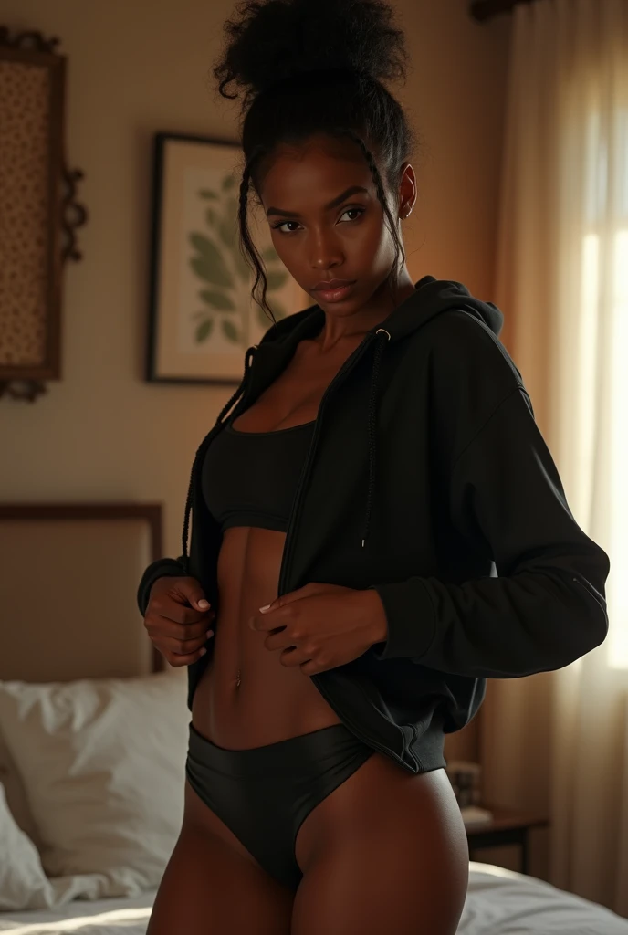 black woman hair in a bun black hoodie bending over pulling up her black leather short shorts up her legs. in her bedroom putting on her clothes