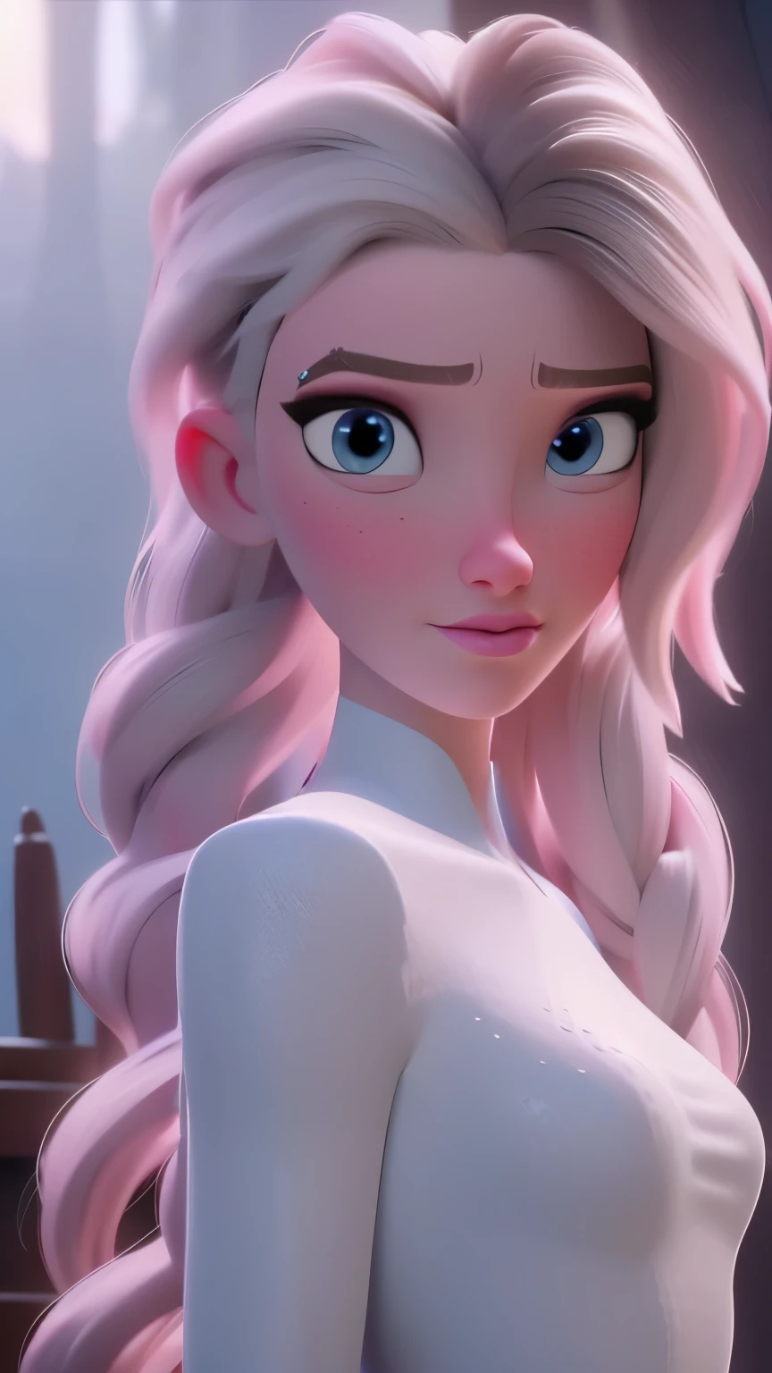 Elsa, (perky breasts), (((small breasts))), smirk:1.2, beautiful blue eyes, (perfect iris’s), depth of colour to her eyes, blonde hair, long hair, braid, full lips, blush, naked, she is showing her vagina, depth of field, bokeh, (special attention to skin detail: 1.2), masterpiece, best quality, ultra-detailed, ultra-HD, photorealistic, cinematic, ((mid camera shot)), sensual pose, alluring, nipples:1.4, looking up at camera, closeup on her face, her cheeks are blushed, 2, she is on her knees, eye contact:1.4, high angle:1.5, ((closeup on face)), perfect face, (((visible breasts))) bokeh everything other than her perfect face, location is Arendelle in winter, ice castle