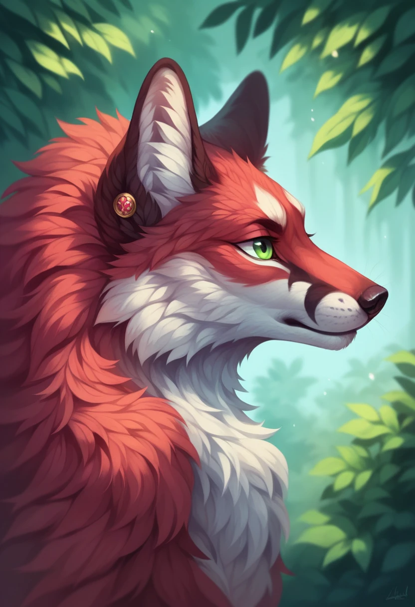 a majestic large white fox with pure, slightly glowing fur, intricate deep crimson red markings on its face, sharp and piercing green eyes, a calm and powerful expression, long flowing fur swaying as it leaps gracefully, detailed and soft fur texture, background is a blurred forest with faint sunlight filtering through trees, emphasizing the creature's swift motion, surrounded by an aura of ancient wisdom and mystique, the fox appears elegant and otherworldly