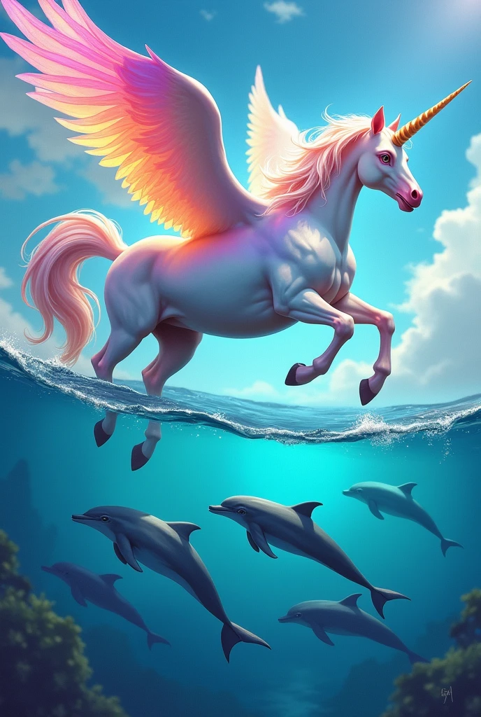 Make me a unicorn with dolphins with colors but the unicorn above with wings with rainbows more defined And the unicorn above the water The dolphins are missing colors more colors many
