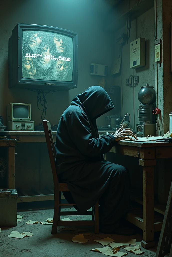 In a dimly lit underground room, a rusty metal table is covered with obsolete technology equipment and unusual tools. on the wall, an old screen displays a series of encrypted codes and fragmented images of distorted faces. In an old, worn-out chair, a hooded figure is sitting, with head down, and your hands, that are just skeletal and have elongated fingers, are connected to a strange device that looks like a mix between a household appliance and a medical device. The atmosphere is gloomy, with the lighting flickering intermittently and casting distorted shadows. The floor is covered in crumpled papers and incomplete objects., giving the feeling of a clandestine and disturbing laboratory."