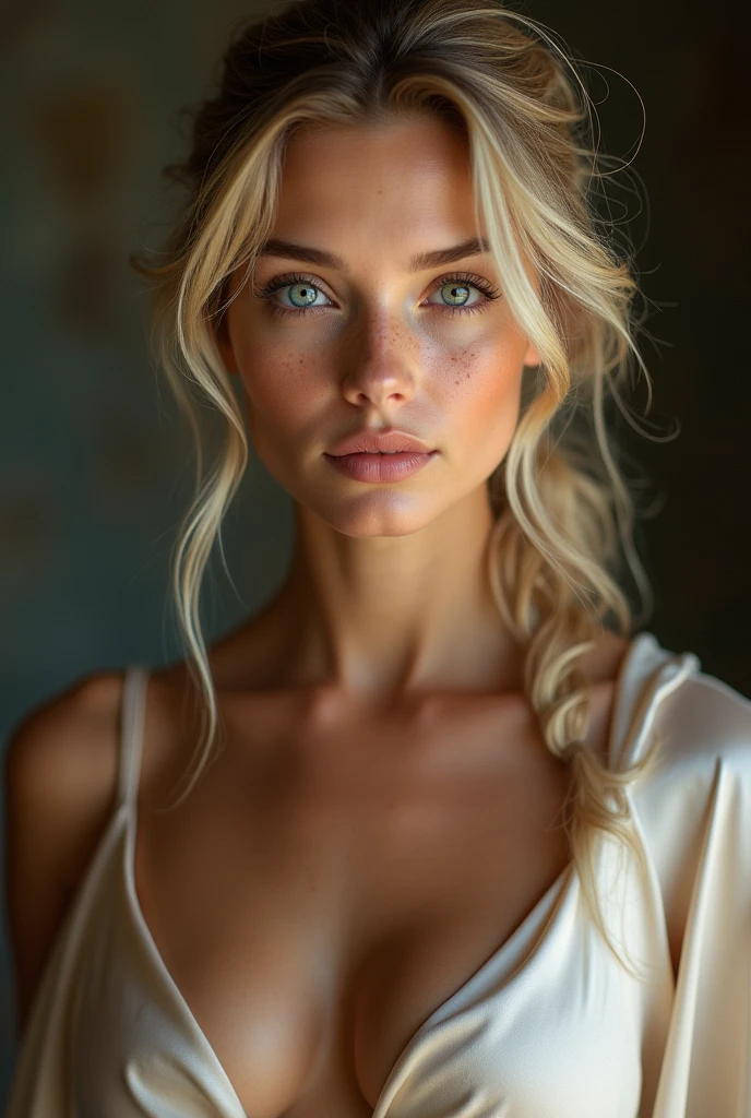 (RAW Photo) , beautiful blue-eyed girl in her 20s with long blonde hair in ponytail , (((ankle
length ((golf satin cape:1.20))+++ tied at the neck))) , leotard , full body, slight skin
blemishes, sly smile, high-quality ultra realistic style, warm tones, soft lighting, detailed
eyes, subtle freckles, professional, expressive , 8K , highly detailed