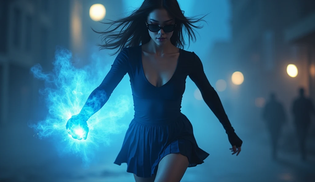 A young modern woman with a glowing floating small crystal stone, facing and defeating dark forces and beings. She stands with her right hand raised forward with a blue fire of light, at night, (1girl, solo, alone), photorealistic, large-breast slim:0.6 body, oval:0.5 face, cleavage:1.1, very low angle view of pleated miniskirt, deep-v, (upskirt), glove, (Matrix style black micro sunglasses), dynamic running pose, (half-body thigh level close-up shot), cinematic lighting, ray tracing, motion blur background.