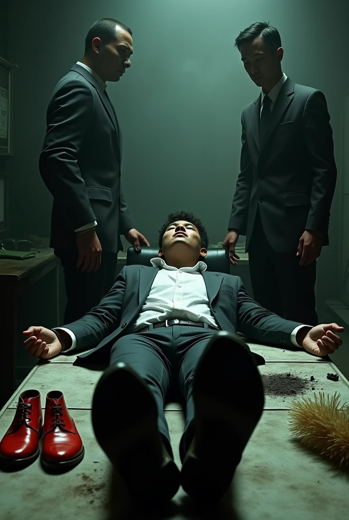 Malaysia handsome malay 20 years lawyer
He faint
Smelly feet
His hand handcuff in abondon warehouse
Blindfolded
handcuff
Formal Outfit
Focus sweaty hot feet on desk
feather duster on desk
Dirty black long sock on desk
2 evil mafia pinch nose
1 mafia holding red shoes