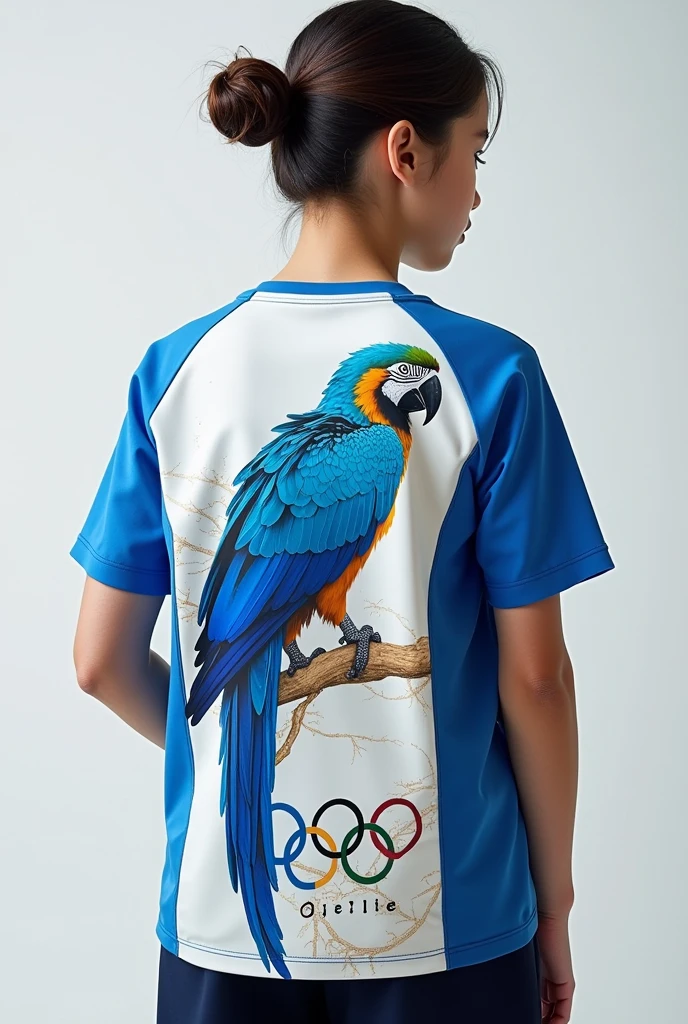 Create a Front and Back Half Sleeve Interclass Blouse (coasts) containing a blue macaw ,the olympic rings , school name (objective) and small silver details