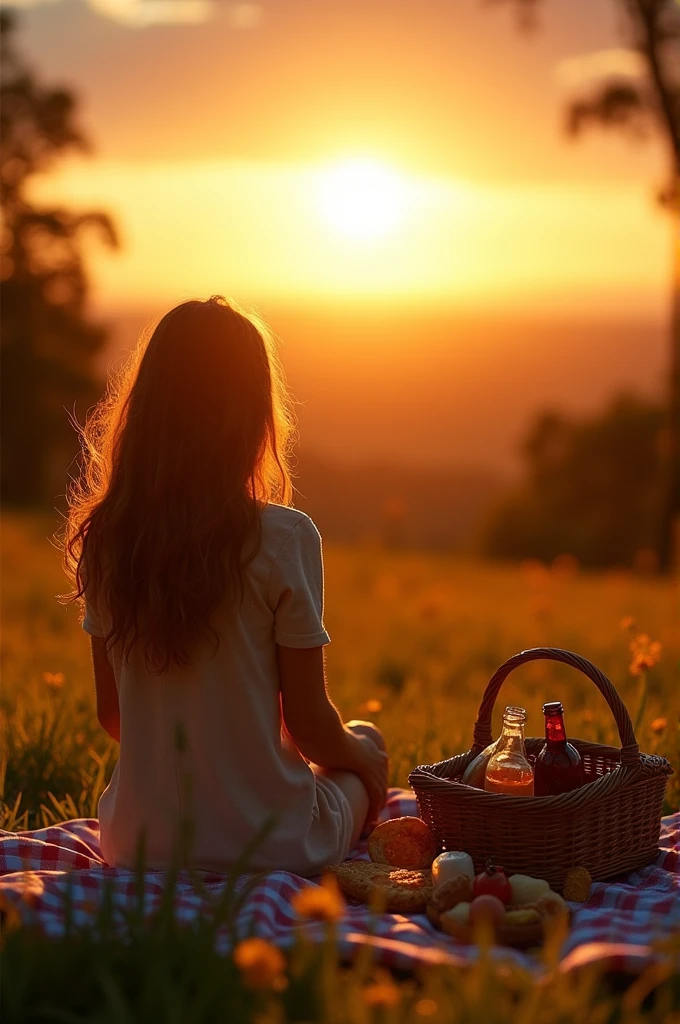 ((best quality)), ((masterpiece)), of beautiful countryside with a beautiful sun, and silhouette of a girl with wavy hair from behind, sitting on a picnic blanket and next to her, a picnic basket and some food and some drinks