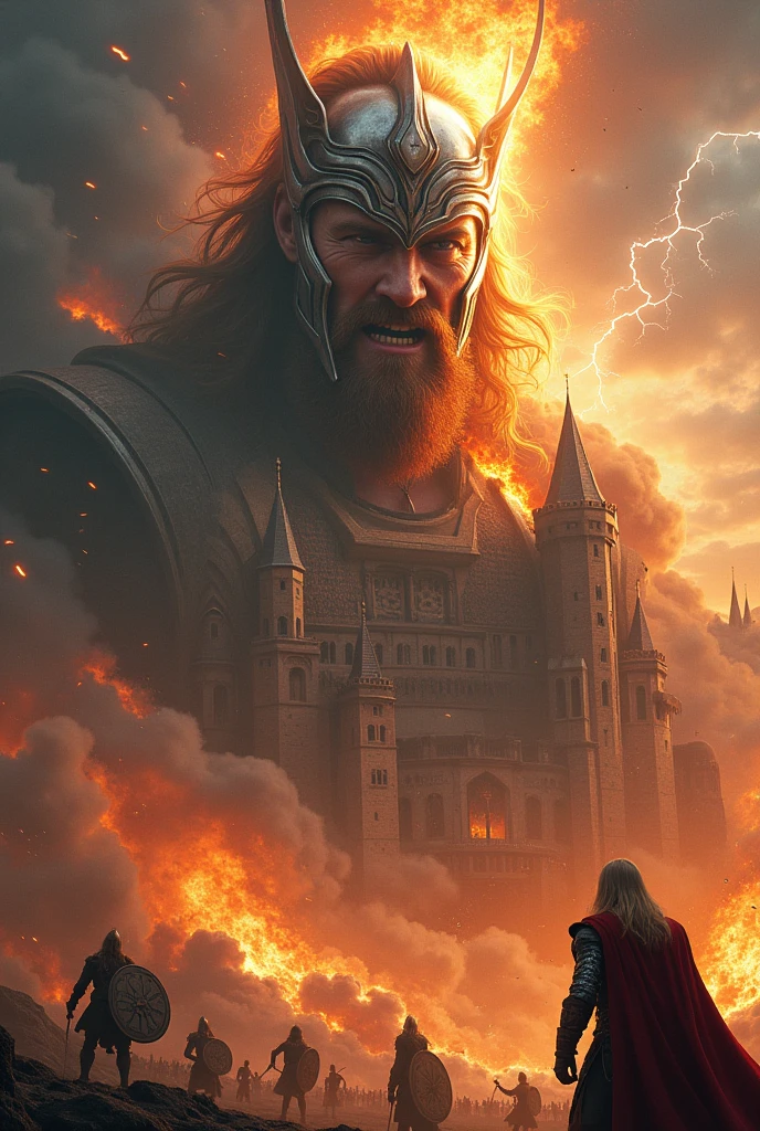 Asgard Castle in Flames, natta, lightning, angry thor face with helmet on clouds, Valkyrie warriors in the sky, viking warriors on the ground