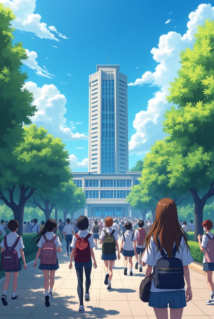 A view of Hansoo High School in the morning. Students walk into the school bustlingly. A voice describes the school's reputation as a place where students with diverse abilities gather and a competitive field full of dreams and ambitions. Anime