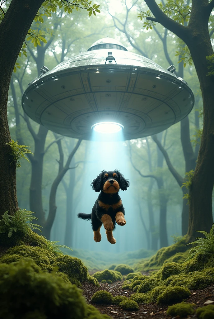 A two-year-old black and tan cocker spaniel is floating in the air halfway between the ground in a clearing in a lush forest and a gigantic spaceship that also floats many meters above it and that attracts the abducted dog towards the center of its reflective metal base, which rises through a powerful beam of light.