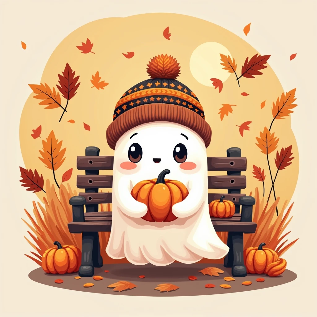 "Member badge. Theme: Cute Halloween, featuring a playful ghost in a beanie, holding a small pumpkin, sitting on a park bench with colorful autumn leaves around. Leave a blank space for the name or insignia."