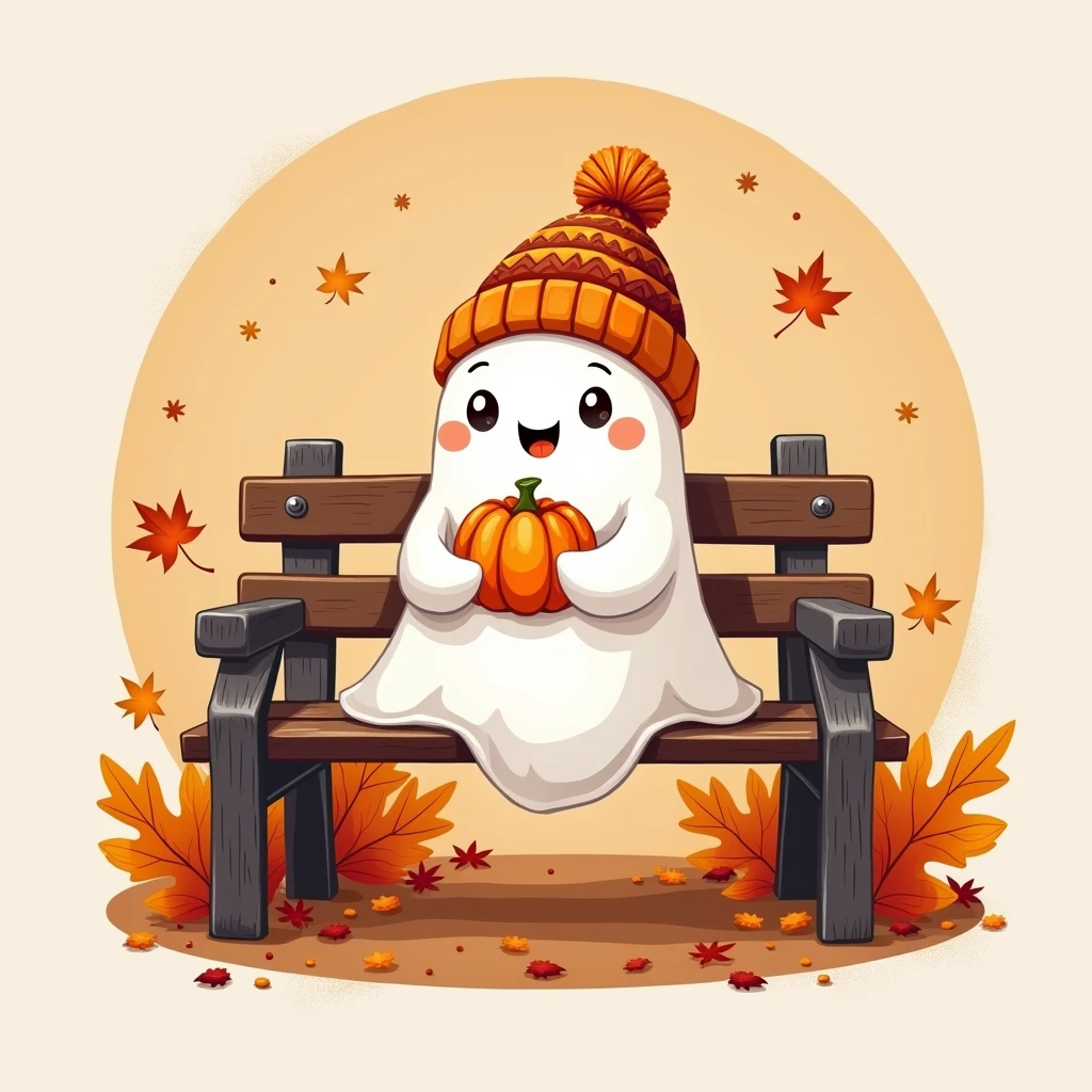  "Member badge. Theme: Cute Halloween, featuring a playful ghost in a beanie, holding a small pumpkin, sitting on a park bench with colorful autumn leaves around. Leave a blank space for the name or insignia."