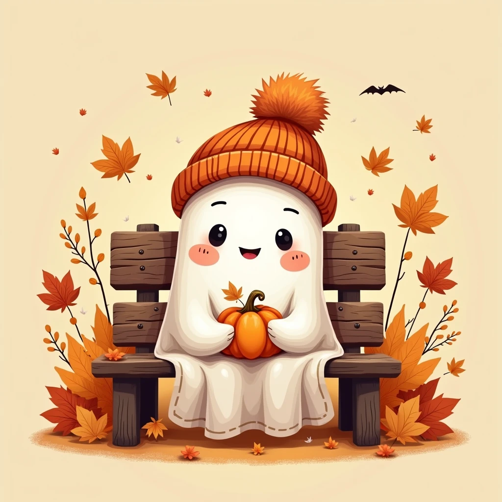 "Member badge. Theme: Cute Halloween, featuring a playful ghost in a beanie, holding a small pumpkin, sitting on a park bench with colorful autumn leaves around. Leave a blank space for the name or insignia."