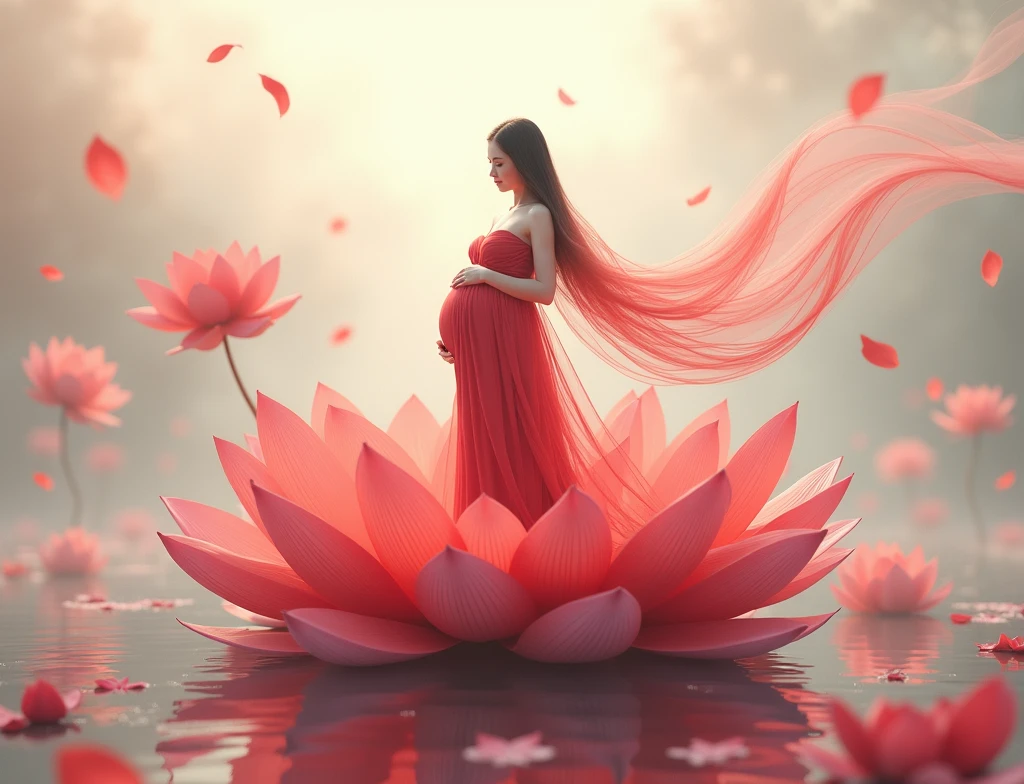 ull length, black hair pregnant , woman watching in camera , full body font pose , both hand on belly ,red dress , Beautiful face, dress made of red rose petals, Light pink and light white tones, Esbian Full Body, beautiful backgrouond , daylight, Efeito de Luz, Minimalistic, Solar, pure tenderness, soft lighting, Realism. beautiful woman stand on a super giant lotus with double and long petals (petals made of thin, soft transparent,streaming, fabrics, full background of flowing petals, floating flower, super flying petals, Smoke effect, Fog, some water reflaciton mixed with petals), lotus dress, ((ss-through)) full length.