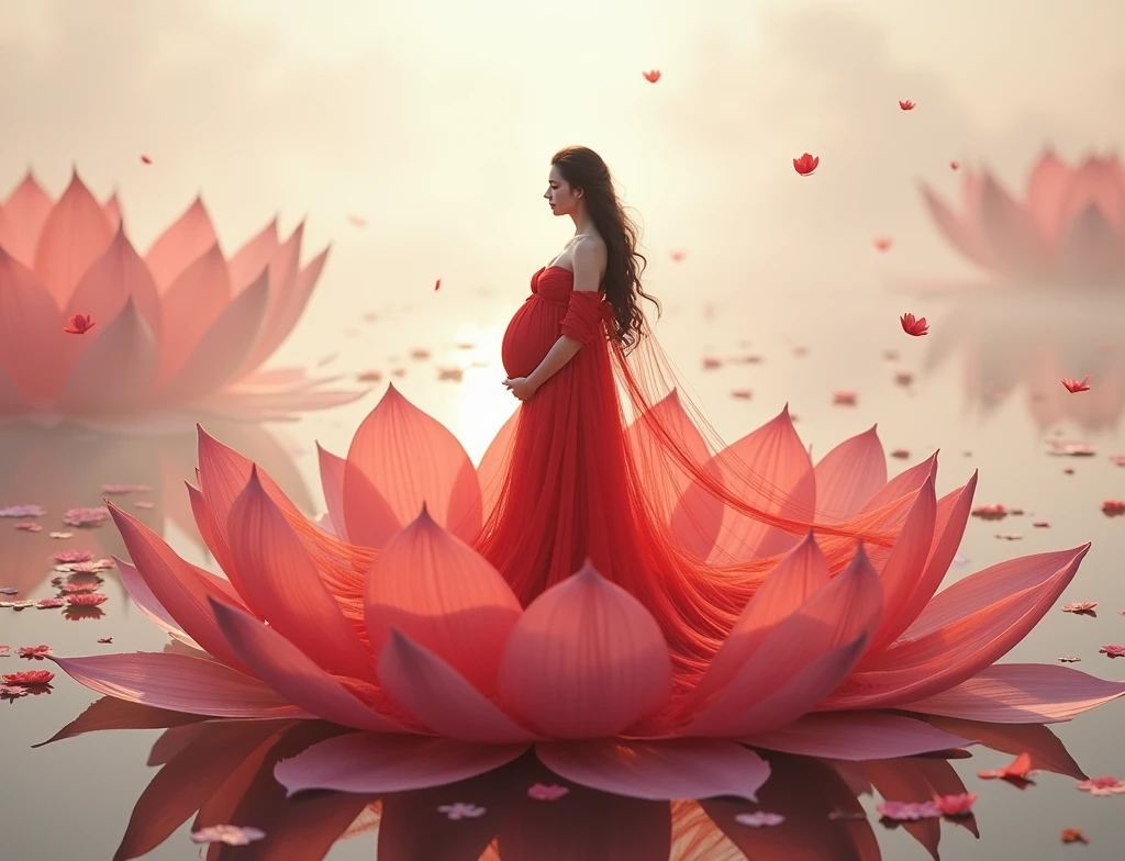 ull length, black hair pregnant , woman watching in camera , full body font pose , both hand on belly ,red dress , Beautiful face, dress made of red rose petals, Light pink and light white tones, Esbian Full Body, beautiful backgrouond , daylight, Efeito de Luz, Minimalistic, Solar, pure tenderness, soft lighting, Realism. beautiful woman stand on a super giant lotus with double and long petals (petals made of thin, soft transparent,streaming, fabrics, full background of flowing petals, floating flower, super flying petals, Smoke effect, Fog, some water reflaciton mixed with petals), lotus dress, ((ss-through)) full length.