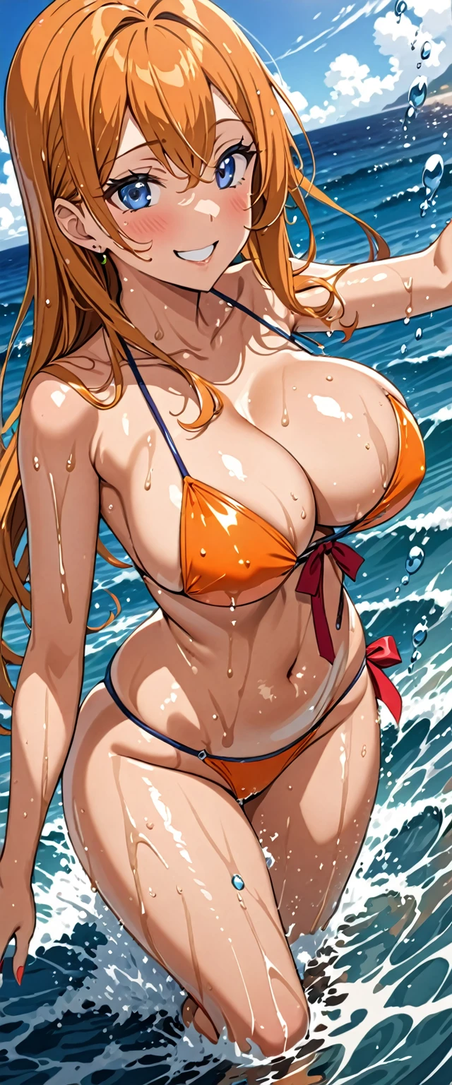 ((masterpiece)), ((Ultra quality)), ((super detailed)), ((high resolution)) ,((8k)), a beautiful woman, ((She is one of the most famous female High-class hostess in the world.)), unparalleled beauty, ((huge breast:1.6)), ((large ass)), ((deep cleavage)), slim waist, chest out, ultra detailed face, perfect skin, (((Hair that reaches down to the neck, Beautiful medium-long orange hair))), ((slant eyes, Blue eyes, detailed eyes)), whole body image, sexy, an inviting smile, sensual, (((anime))), ((glamorous)), sexual attraction, ((Age 23)), ((incredibly beautiful woman)), ((The H cup bust)), ((sex friend, Gal)), (((Expensive string bikini))), ((beautiful breasts)), beautiful legs, 8 life size, anime, ((charm)), ((Half Japanese and half American)), ((Grown-up face)), ((Secret meeting)), Lust, Exuding sex appeal, ((((Swim in the wide and deep ocean)))), ((Provocative smile, wet)), ((She is good at swimming in the sea)),