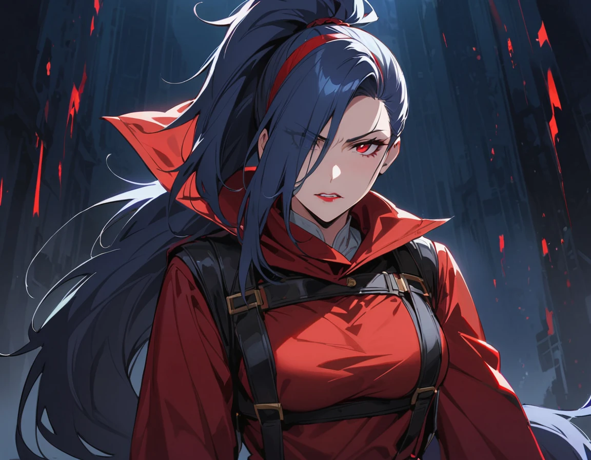 Long blue hair, red eyes, evil, sexy, black and red clothes, tied hair, cute hairstyle, evil face, evil, serious look, gloss lips, sit, sinister, front look, bloody, gloves, beautiful eyes, short dress, big white, dark place, night, sensual, straight hair cut, clear skin, evil, young 30 years girl, adult girl, solo, red, very long hair, HAIR DOWN, ANKLE LENGTH HAIR, FIERCE EXPRESSION, villain, handsome older WOMAN，crimson-eyes，crimson pupils，Long blue hair，Hyperresolution，accuracy，Detailed rendering，（Subtle facial image）（Image of fine hair）（topquality）（Masterpieces of masters）（High degree of completeness）（A sense of atmosphere）tmasterpiece，Super detailed and super detailed（portrait))(((Mature woman))) (((Villain))) (((Older female)))(((half body view)))(((Hair tied back into a long ponytail)))(((Fur fight outfit))))