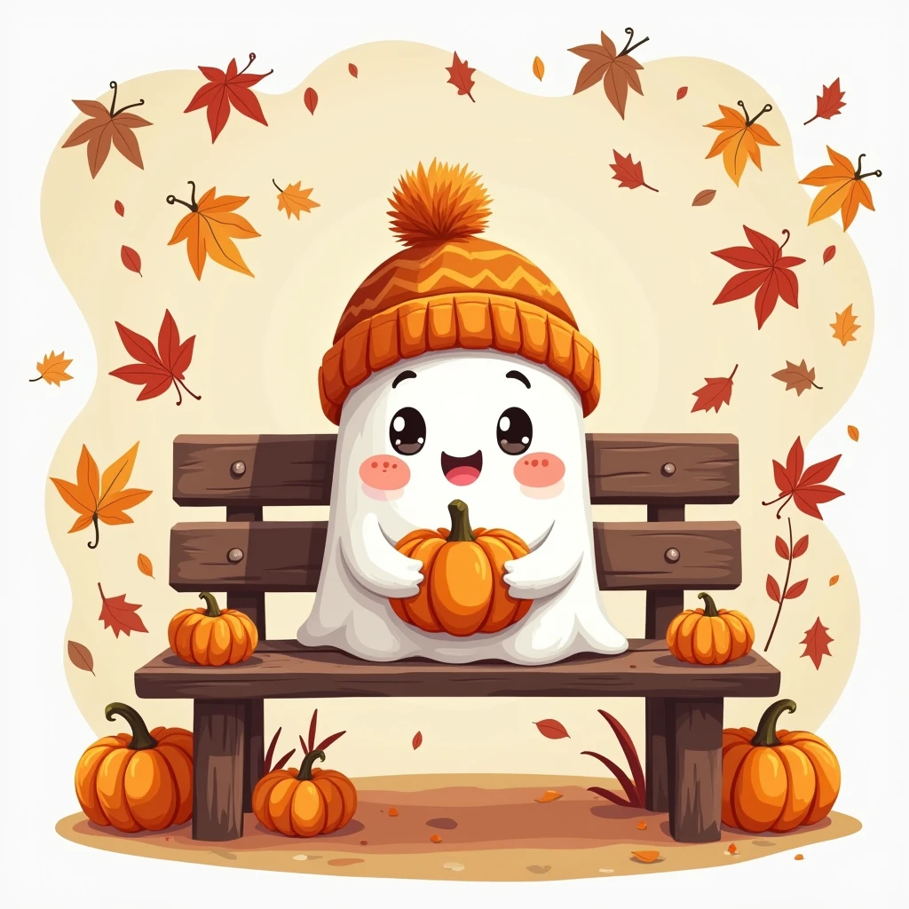  "Member badge. Theme: Cute Halloween, featuring a playful ghost in a beanie, holding a small pumpkin, sitting on a park bench with colorful autumn leaves around. Leave a blank space for the name or insignia."