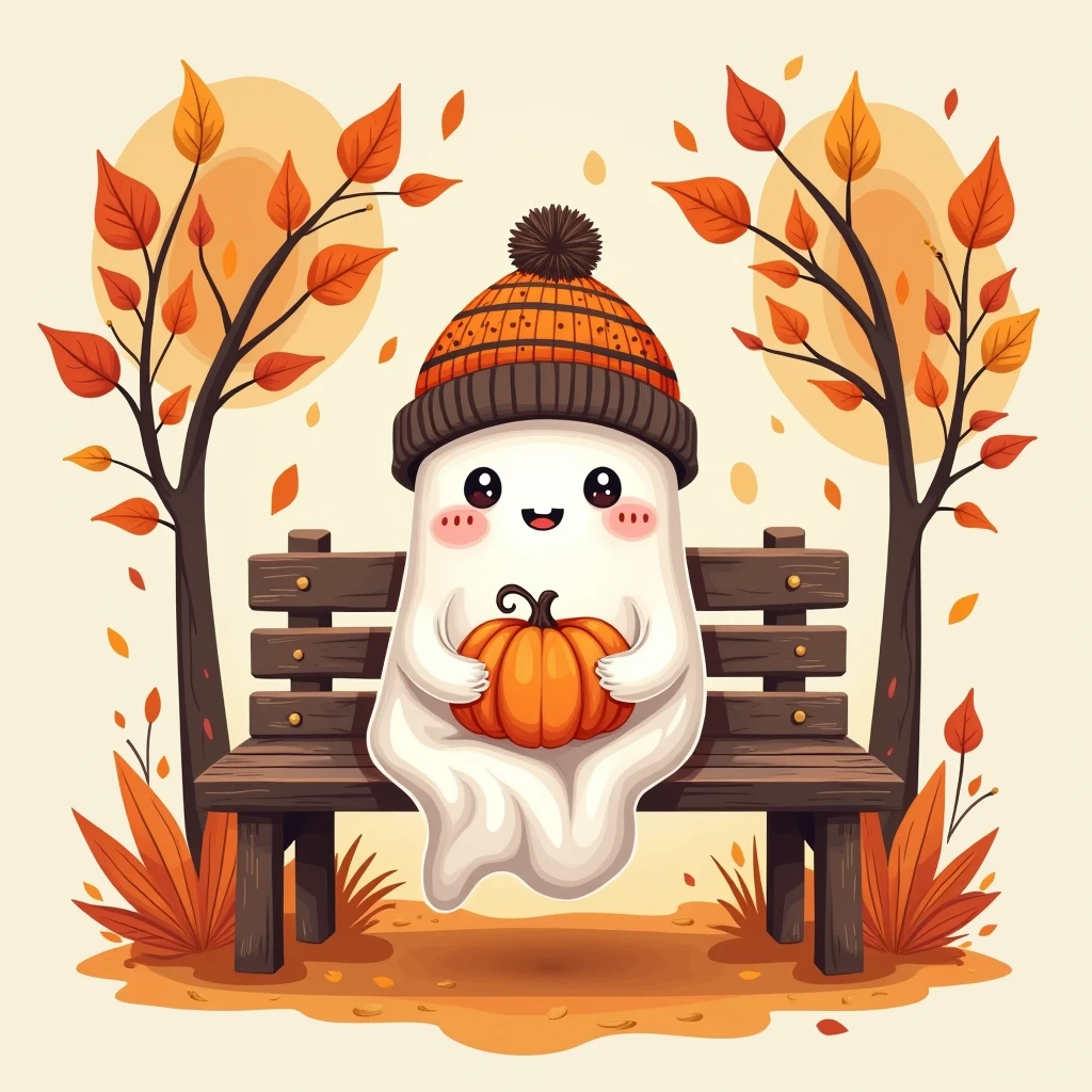 "Member badge. Theme: Cute Halloween, featuring a playful ghost in a beanie, holding a small pumpkin, sitting on a park bench with colorful autumn leaves around. Leave a blank space for the name or insignia."