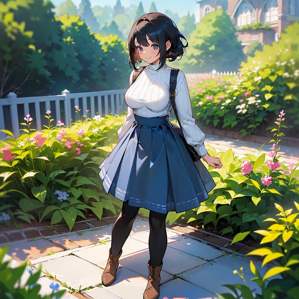 (high quality, High resolution, Very detailed, reality:1.37), Peaceful atmosphere, (Outdoor, garden), Teenage girl standing alone, (my breasts are big.), Beautiful details, Cute Smile, (Black bob hair), Ribbed sweater, Blue Skirt, Black tights, Brown boots.