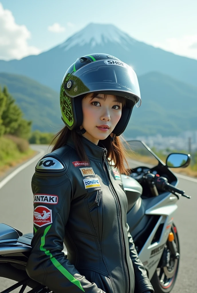 realistic, cinematic scene, very beautiful Japanese high school girl, standing next to the super sports motorcycle, at scenic driveway, amazing view of mountain with metropolitan at the valley, dramatic scene, masterpiece, (face focus:1.3), clear helmet visor, beautiful eyes, KAWASAKI H2SX-SE, stylish patterned Shoei helmet, (wearing leather suits for motorcycle race with many sponsor's logos), (shoot from behind:1.3)