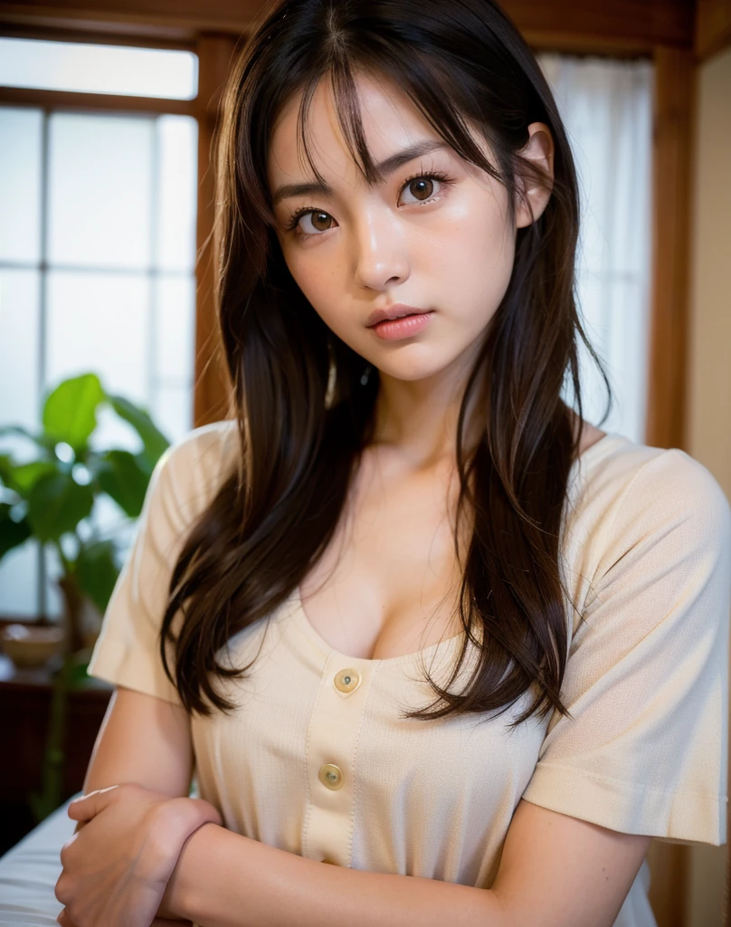 best quality, face focus, soft light, ultra high res, (photorealistic:1.4), RAW photo,
1japanese girl, solo, cute, (pupil, lights in the eyes), detailed beautiful face, (small chest),(high resolution detail of human skin texture),
(long hair),
indoor,
Damask Shirt Dress,
(portrait)