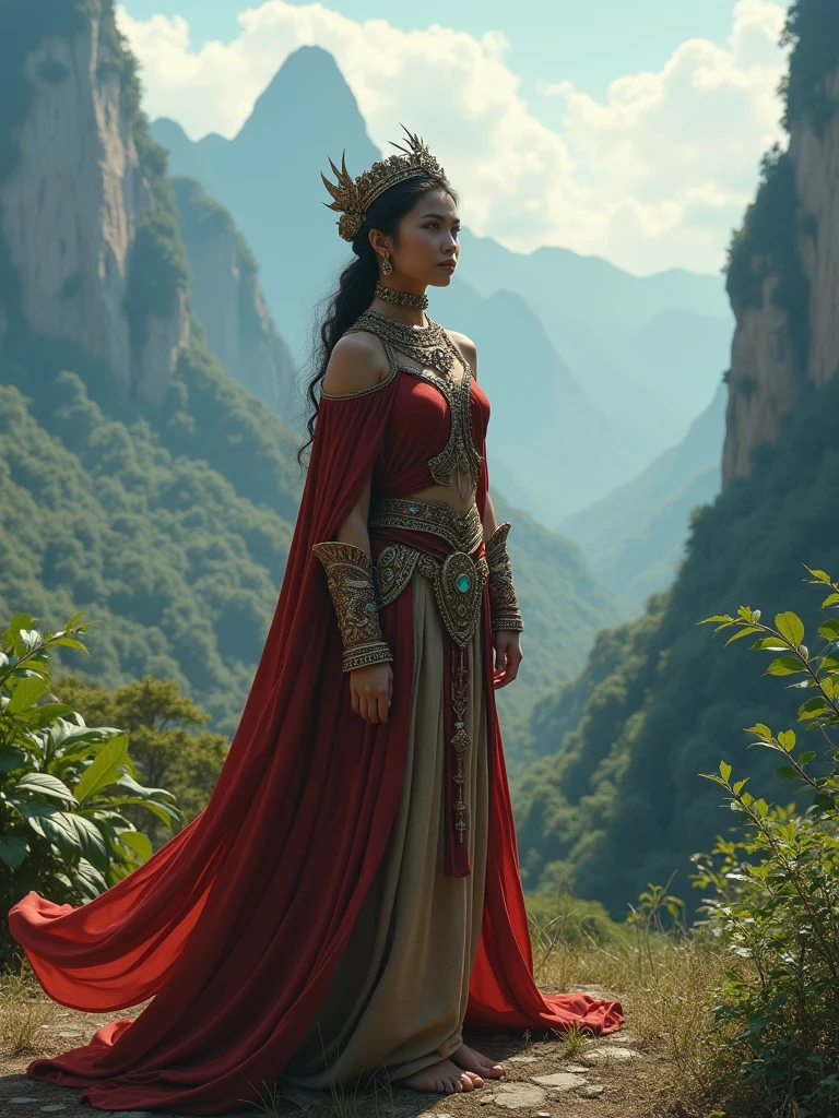 Create a fantastical quest scene with the Malay woman in medieval fantasy attire, embarking on an epic journey, reminiscent of epic fantasy films like 'The Lord of the Rings.