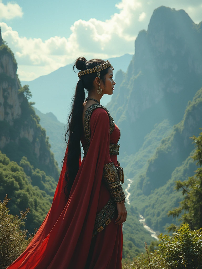 Create a fantastical quest scene with the Malay woman in medieval fantasy attire, embarking on an epic journey, reminiscent of epic fantasy films like 'The Lord of the Rings.