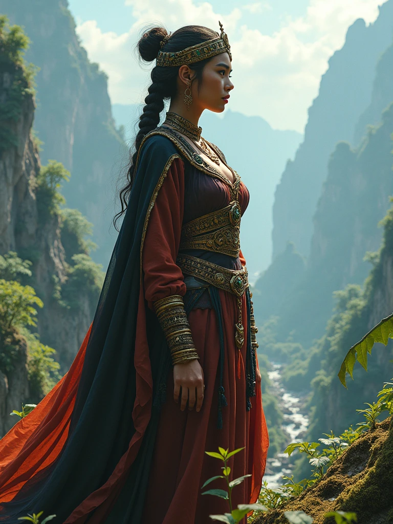 Create a fantastical quest scene with the Malay woman in medieval fantasy attire, embarking on an epic journey, reminiscent of epic fantasy films like 'The Lord of the Rings.