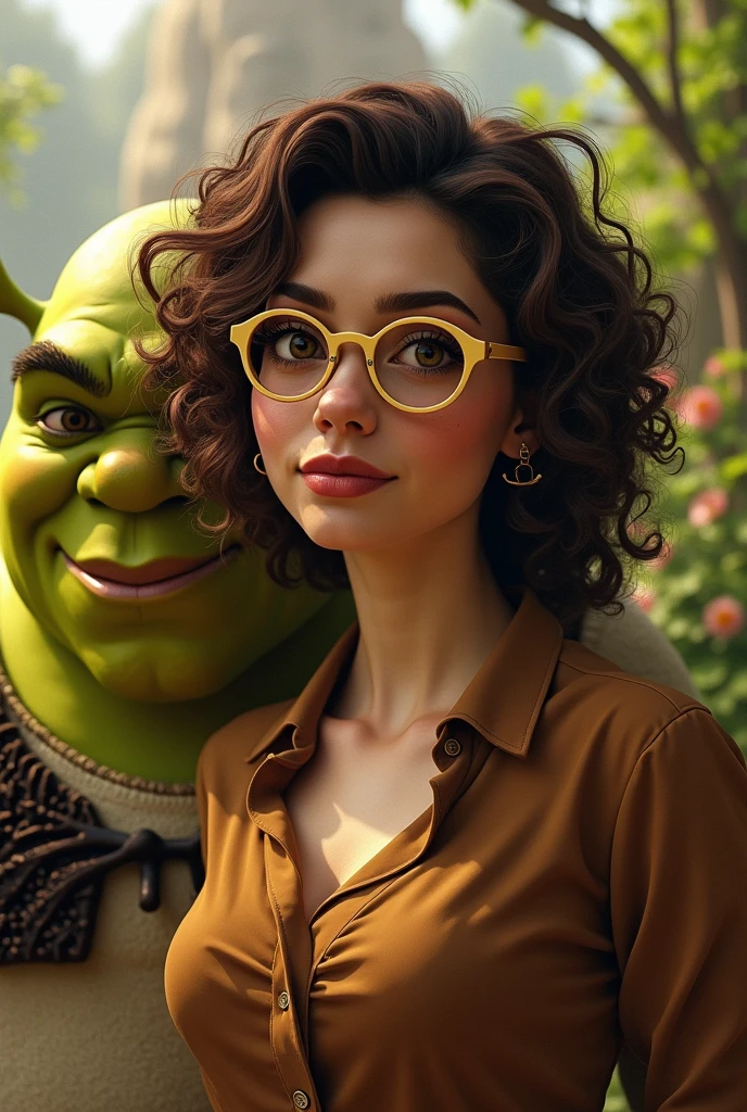 Brunetette, curly frizzy curly hair, eyes browns, drawn lips, wearing golden glasses and a brown blouse next to shrek
