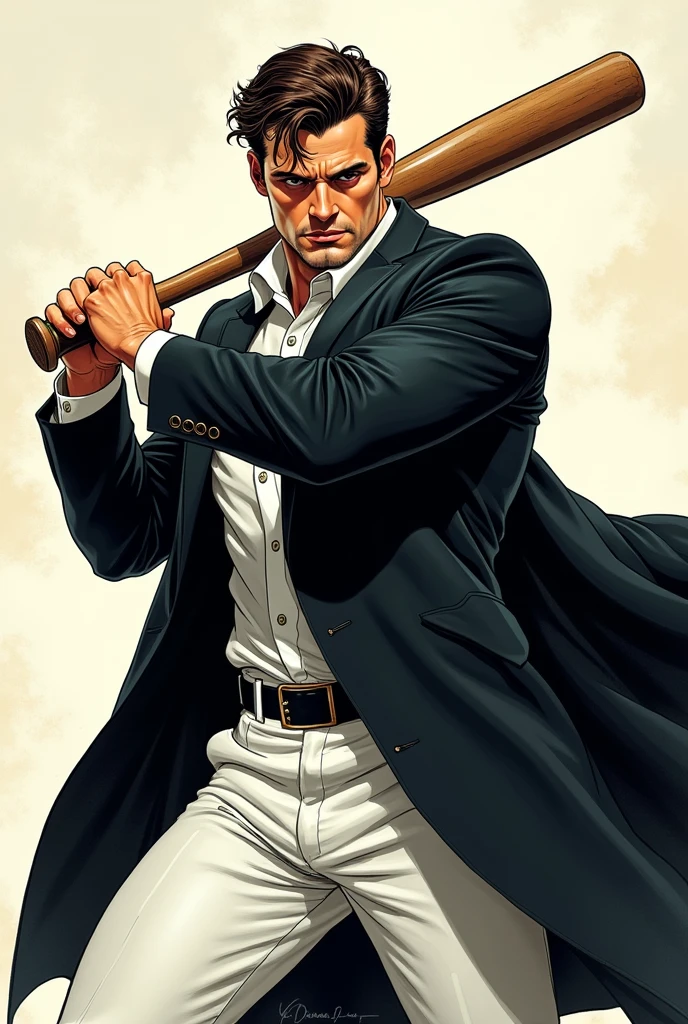 A comic book cover with a man holding a bat pointing the tip of the bat at the screen this man has a black power with a white shirt and pants