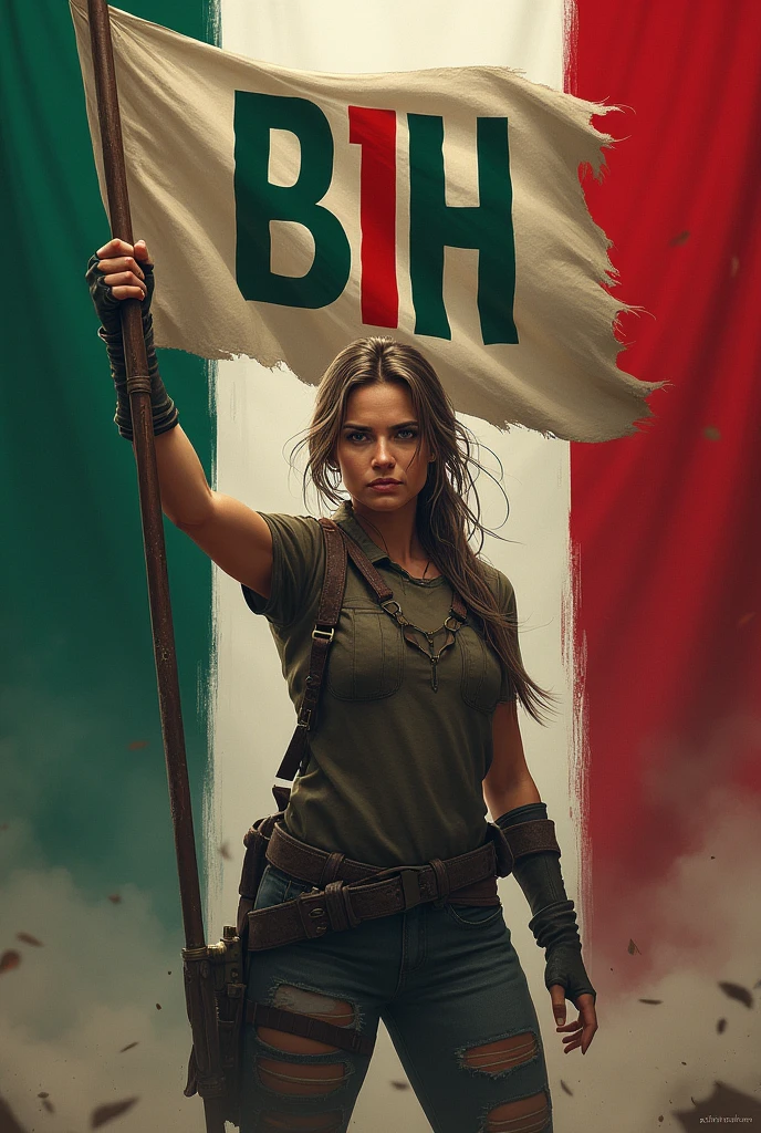 Create an image of the Last War survivor game character , of the character Elsa, with a flag in hand , inside the flag the letters " B 1 h " , in the background the Mexican flag