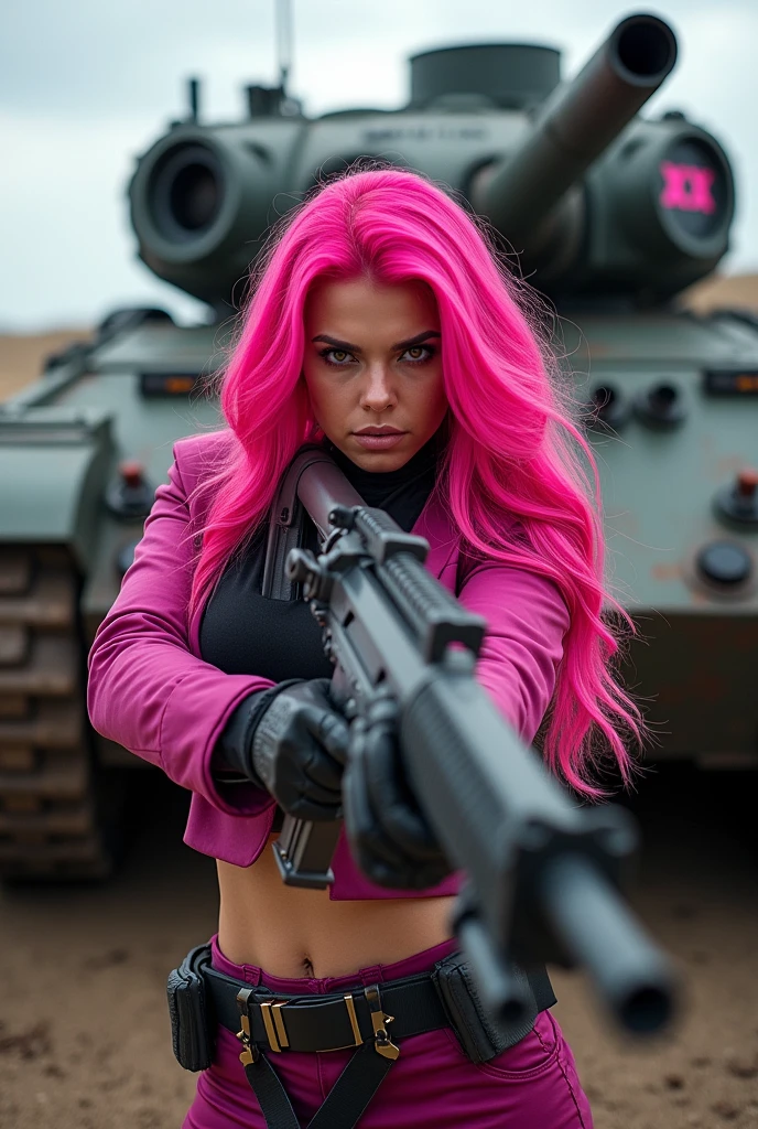 1 with long hair, bright pink wavy hair, with a rifle in his hand and looking at the viewer with piercing eyes. in the background there is a huge war tank with tracked wheels and some pink details