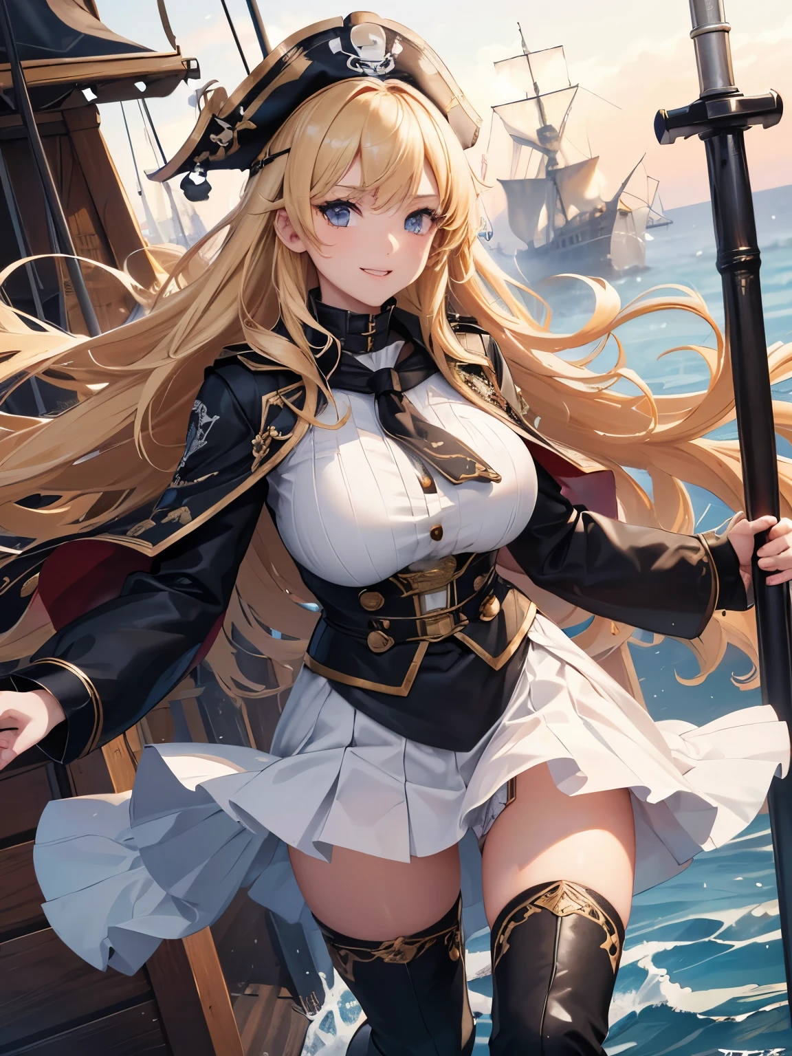 (16K,Ultra-high resolution,Highest quality:1.3,masterpiece:1.3,Super detailed,Attention to detail,Very vivid CG),Photographed from the front,female pirate:1.3,Long blonde hair,Black sailing suit,Black long boots,Medieval Age of Discovery,Big Sword,Smiling with teeth showing,Anatomically correct body,Highly detailed facial features, Beautiful and perfect face,(Very beautiful, well-groomed hair:1.3),Perfect Eyes,Best Anime,The best CG,Standing upright on a pirate ship