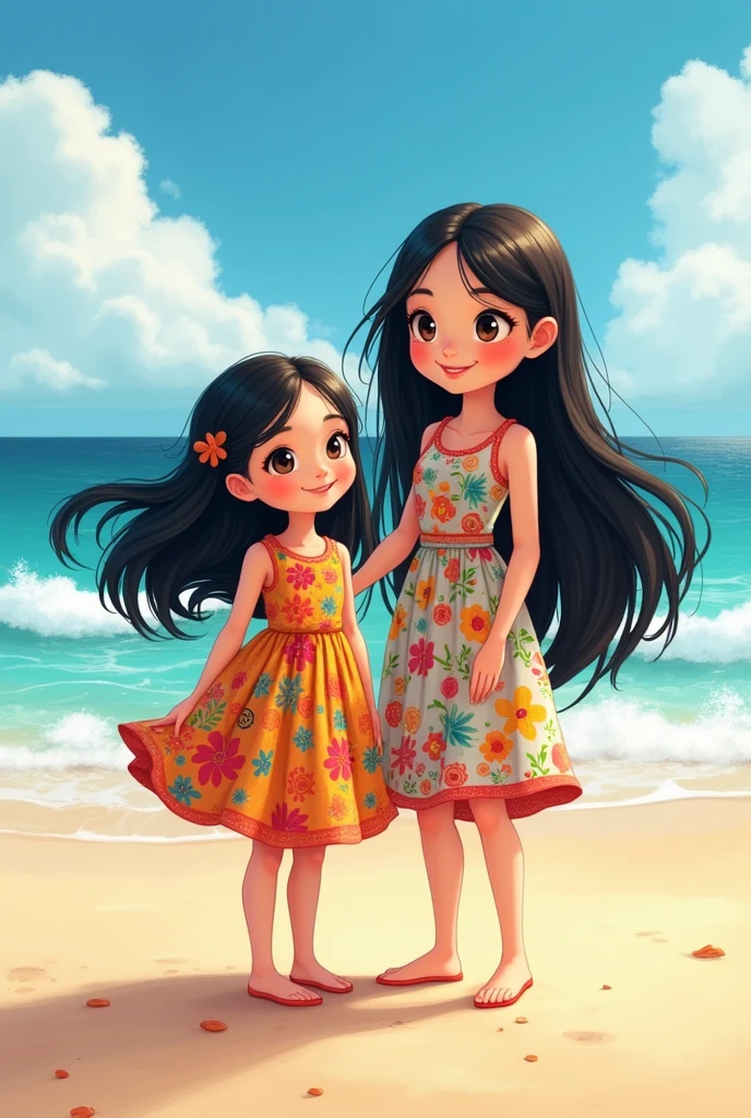  girl smiling with long black hair, white skin with a very colorful autism dress on the beach with her mother in the shape of a cute cartoon
