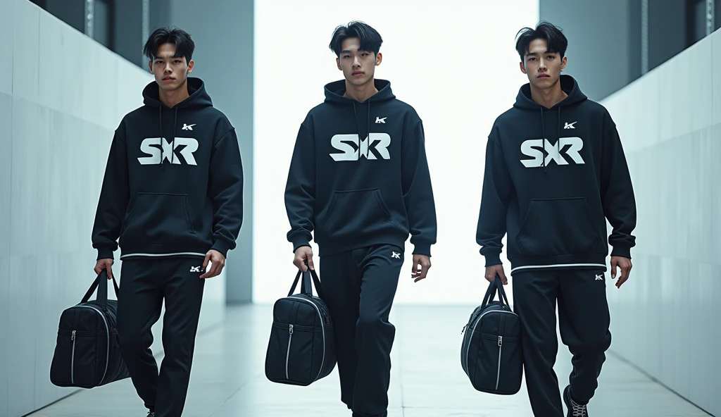 (photorealism:1.2), Three sportwear fashion handsome 18 yrs. old, k pop Asian male model, runway show full body holding sports bag pack, tank top casual wear style, SXR logo design, ultra-detailed, film photography, light leaks, trending on sportwear, sharp focus, studio photo, futuristic details, highly detailed