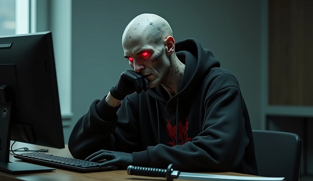 AN unconscious male character with red eyes, baldie, Scrawny, Cao Cao, Black sweatshirt with red details, black tapeworms, black gloves on hands, extremely high detailed skin, in front of your computer with your hand on your chin thinking, full body shot shot, and a katana, volumetric lighting, HDR, 8k