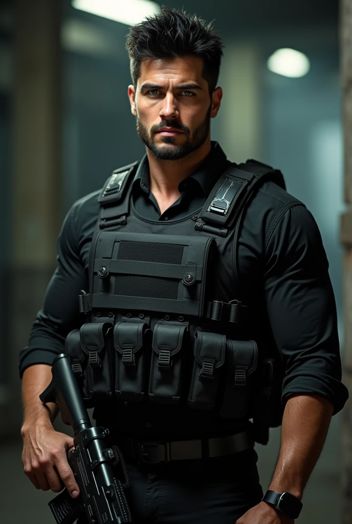 Man with black hair and green eyes wearing a black shirt and bulletproof vest with a gun