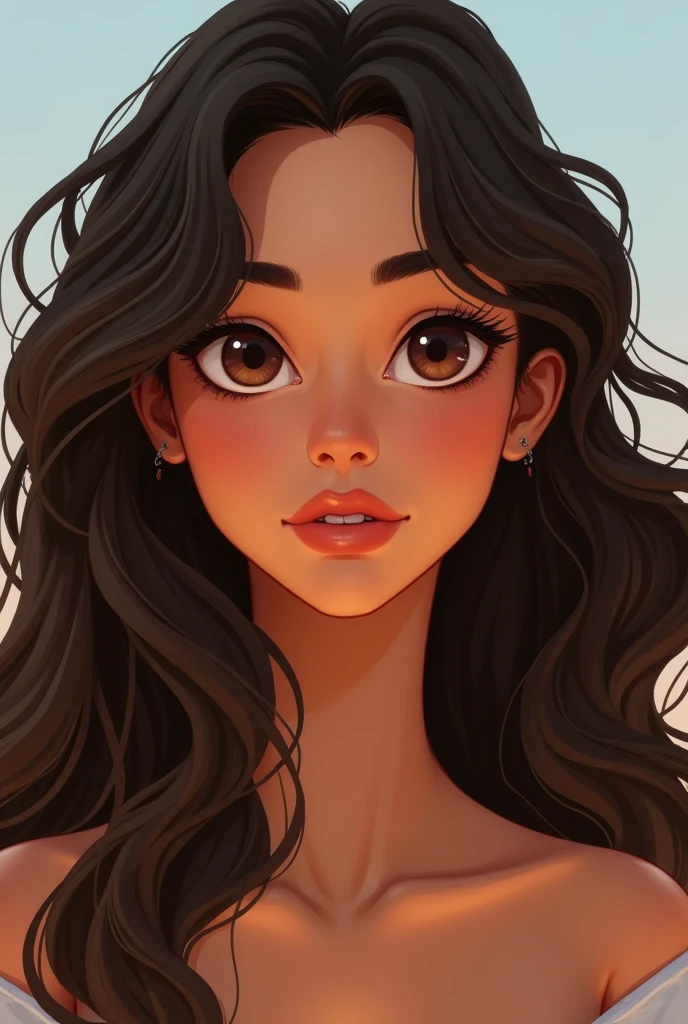 hair: The character has long hair, curly and dark brown, that falls in gentle cascades to beyond the shoulders. Her hair, naturally messy, adds a casual and free touch to your appearance. face: Her face is slightly oval., with a cinnamon skin tone that stands out for its naturalness has thinner eyebrows Eyes: His eyes are a deep brown, a little big . nose: The nose is slightly turned up., in perfect harmony with the rest of her facial features, which gives it a youthful air. Lips: Her lips are fleshy, slightly puckered, and his face more animated
