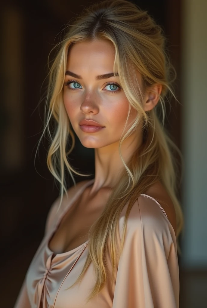 (RAW Photo) , beautiful blue-eyed girl in her 20s with long blonde hair in ponytail , (((ankle 
length ((golf satin cape:1.20))+++ tied at the neck))) , leotard , full body, slight skin 
blemishes, sly smile, high-quality ultra realistic style, warm tones, soft lighting, detailed 
eyes, subtle freckles, professional, expressive , 8K , highly detailed