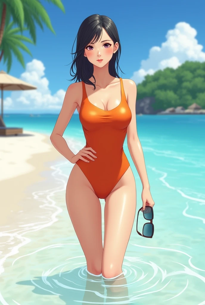 A professional Japanese female news announcer enjoying a day off at a beautiful beach. She's wearing a stylish, modest one-piece swimsuit in a vibrant color. Her hair is neatly styled, and she's holding a pair of sunglasses. The woman is standing ankle-deep in crystal clear water with white sand and gentle waves visible. In the background, there's a picturesque coastline with palm trees and a few beach umbrellas. Her posture and expression convey both elegance and relaxation, balancing her profe