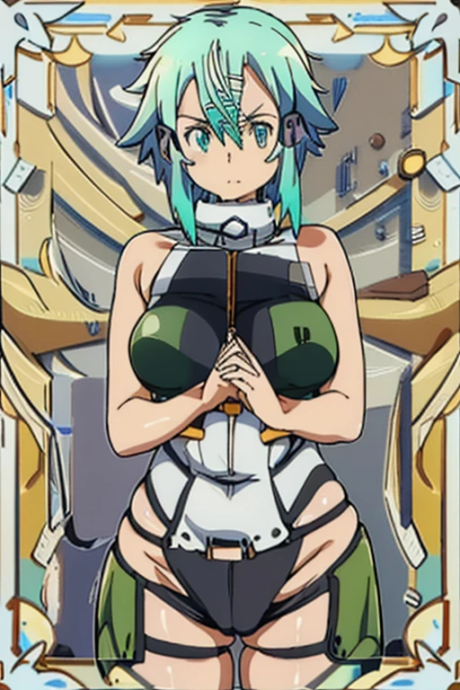 Chinon 1, (((Sinon-GGO))),  Shinono, Long hair short hair, Hair between the eyes, Side Lock, Huge breasts, Revealing clothing, Blue clothes, gloves, Thighs Thighs Thighs Thighs, (Off the shoulder, Bare shoulders), (Underbust:1.5), (abdomen, belly button, String), Chinon 1, scarf, fingerless gloves, Long sleeve, Short shorts, hair ornaments, Barrette, green Thighs Thighs Thighs Thighs, Green jacket, thigh strap Huge breasts, 溢れるLong chest, Huge breasts, Abnormally large, Unusually big breasts, Long chest、Lower Breast, ((Highest quality)), ((R-18)), (Dirty pervert), (Huge breasts:2.0), One girl, Erotic squatting, Erotic Costumes, Exposing breasts,