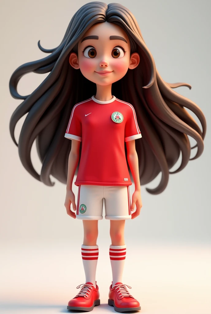  with long hair , wearing red soccer jersey and white pants with red stripes pixar style 3D. 
