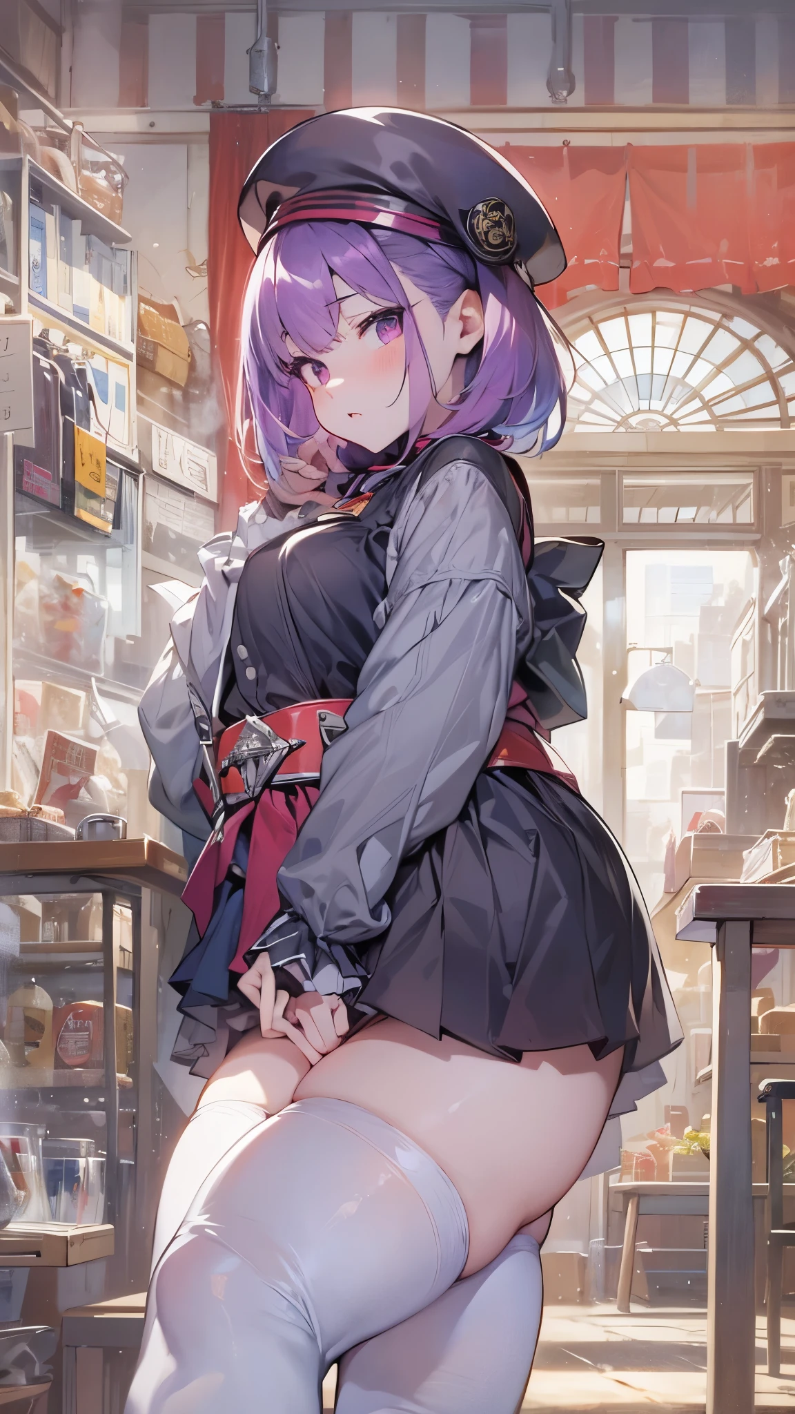 NSFW,Helena Blavatsky、Purple Hair、short hair、（Purple eyes：1.1）、Shoulder Bare、belt、beret、ribbon、- Detachable collar、Removable sleeves、hat、leotard、Purple hat、purple leotard、Red belt、White ribbon、White sleeves,A regretful face,Embarrassed,blush,graduate School,(Perfect hands),(Perfect Anatomy),(masterpiece),(highest quality),Leaning forward